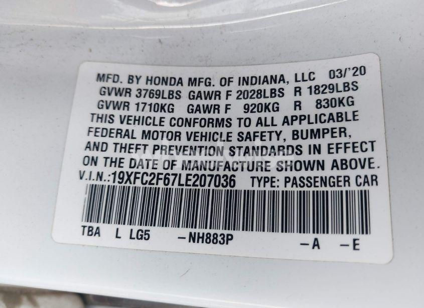 Photo 9 of 2020 Honda Civic LX (VIN 19XFC2F67LE207036)