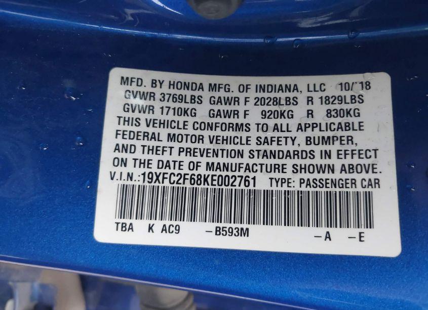 Photo 9 of 2019 Honda Civic LX (VIN 19XFC2F68KE002761)