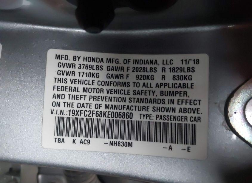 Photo 9 of 2019 Honda Civic LX (VIN 19XFC2F68KE006860)