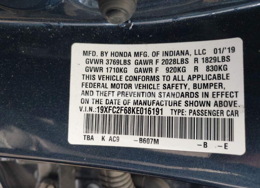 Photo 9 of 2019 Honda Civic LX (VIN 19XFC2F68KE016191)