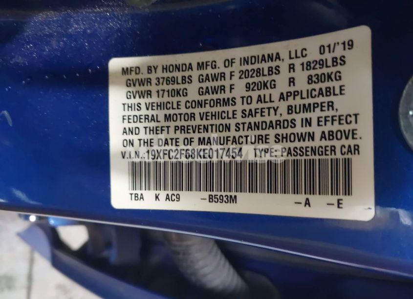Photo 9 of 2019 Honda Civic LX (VIN 19XFC2F68KE017454)
