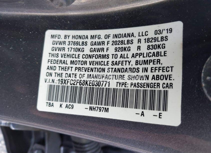 Photo 9 of 2019 Honda Civic LX (VIN 19XFC2F68KE030771)