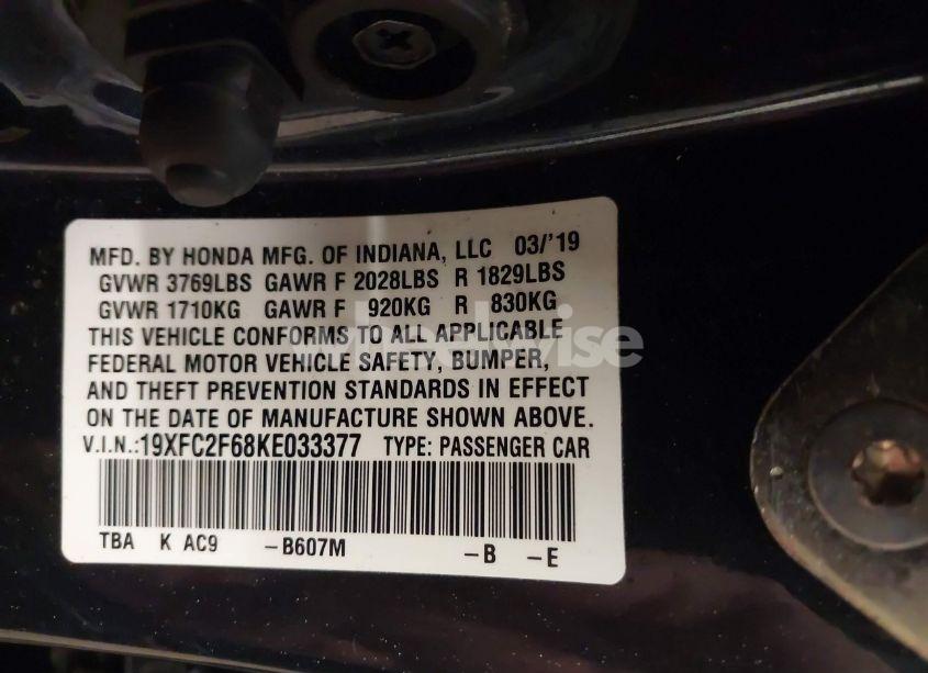 Photo 9 of 2019 Honda Civic LX (VIN 19XFC2F68KE033377)