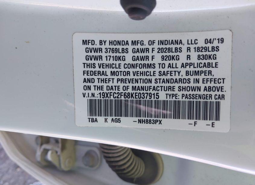 Photo 9 of 2019 Honda Civic LX (VIN 19XFC2F68KE037915)