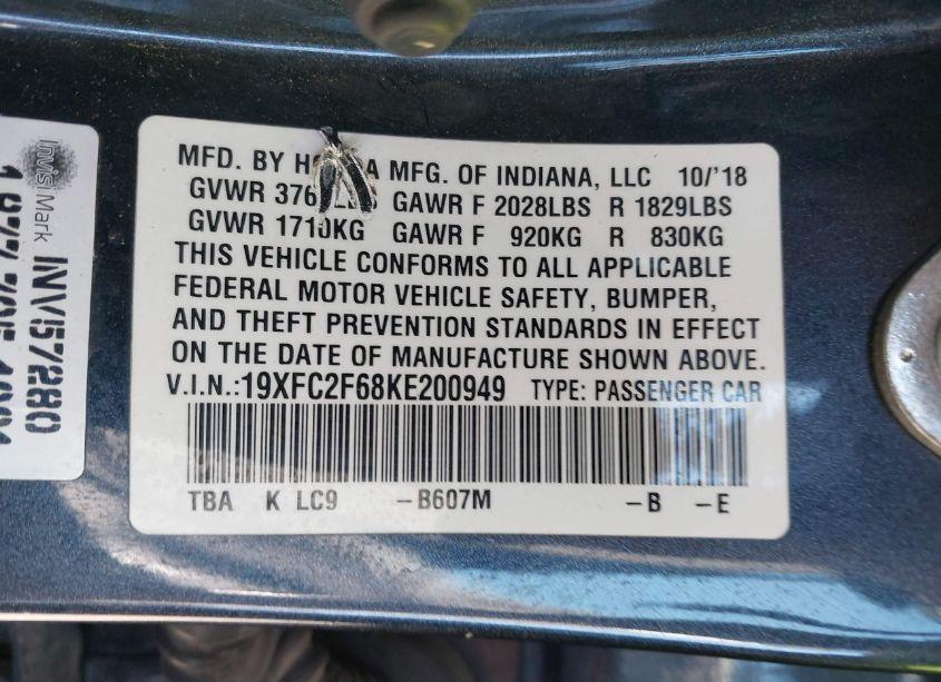 Photo 9 of 2019 Honda Civic LX (VIN 19XFC2F68KE200949)