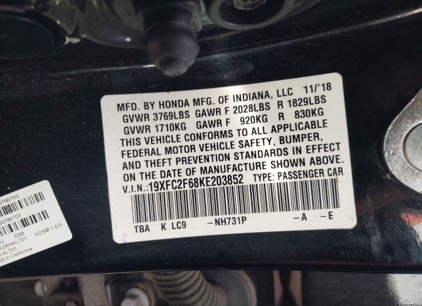 Photo 9 of 2019 Honda Civic LX (VIN 19XFC2F68KE203852)