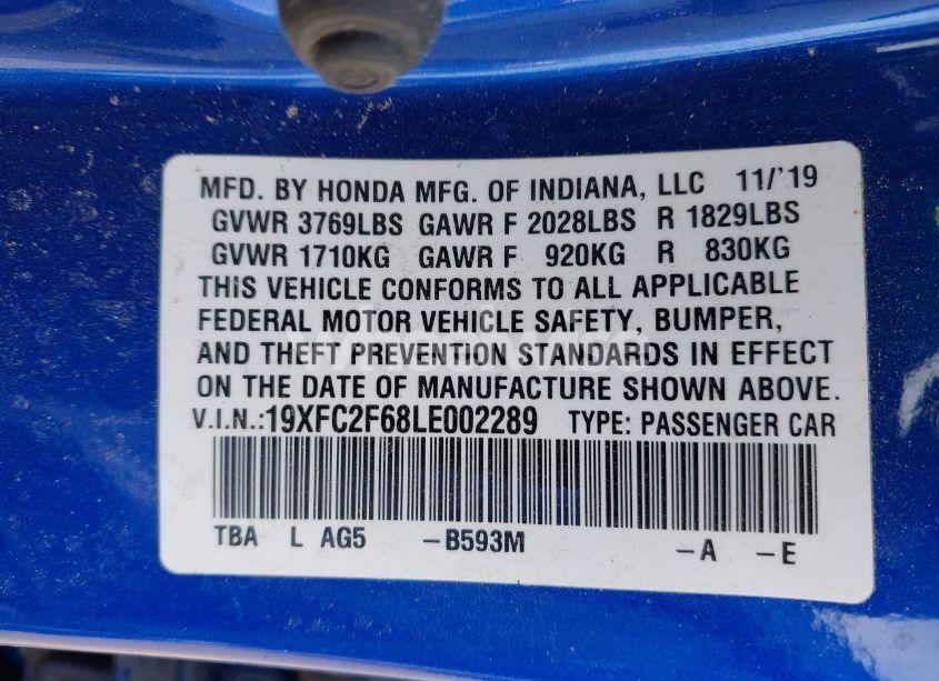 Photo 9 of 2020 Honda Civic LX (VIN 19XFC2F68LE002289)