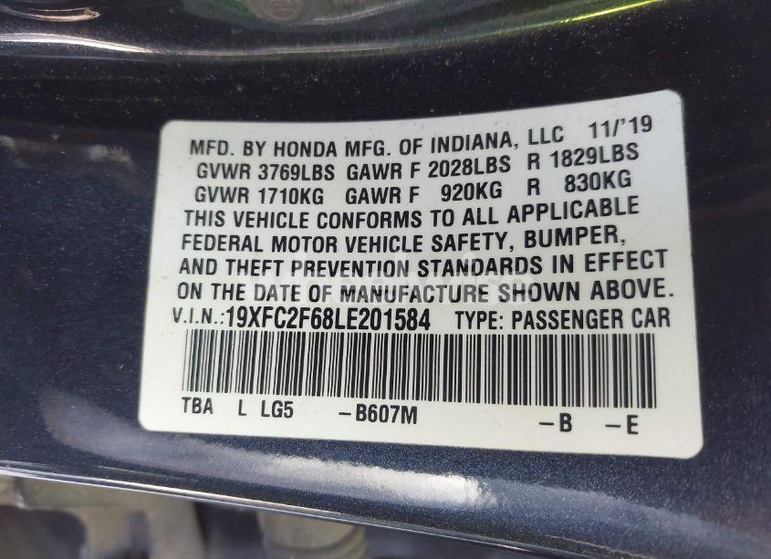 Photo 9 of 2020 Honda Civic LX (VIN 19XFC2F68LE201584)