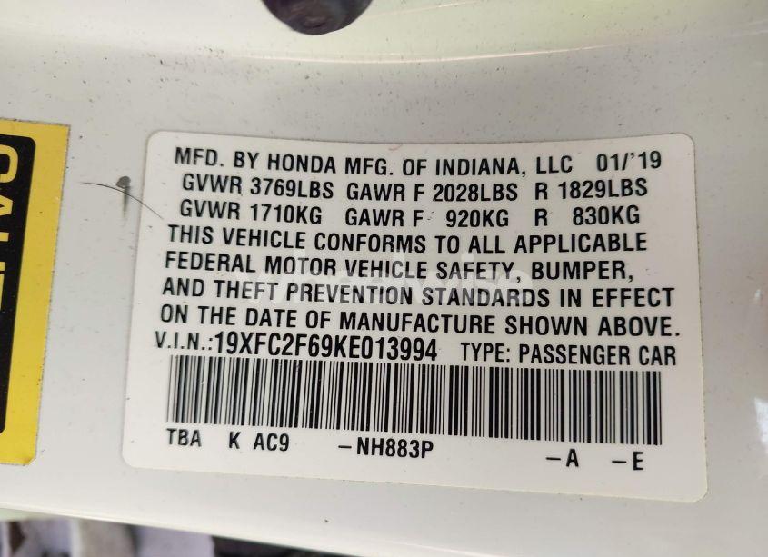 Photo 9 of 2019 Honda Civic LX (VIN 19XFC2F69KE013994)