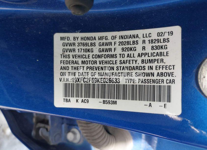 Photo 9 of 2019 Honda Civic LX (VIN 19XFC2F69KE026633)