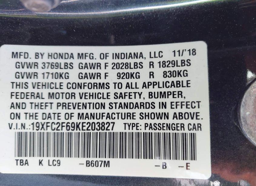 Photo 9 of 2019 Honda Civic LX (VIN 19XFC2F69KE203827)