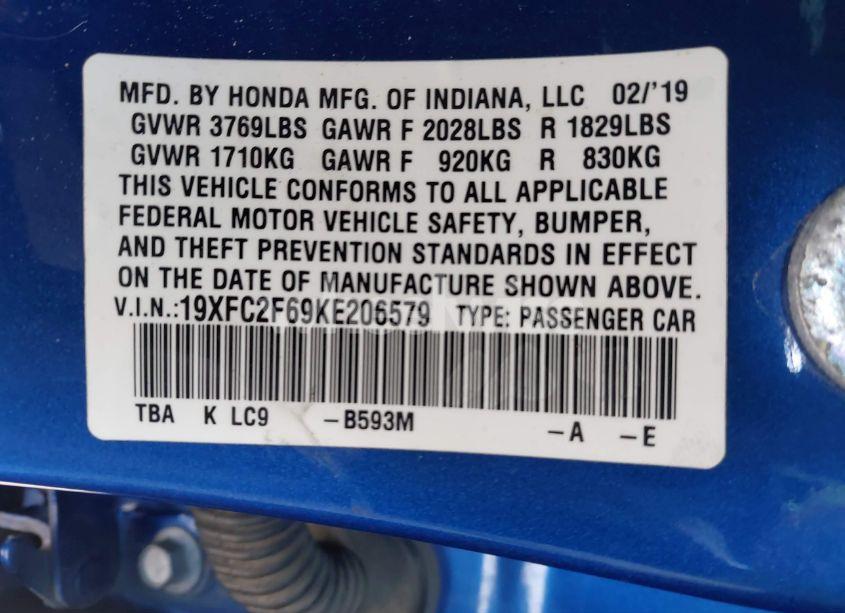 Photo 9 of 2019 Honda Civic LX (VIN 19XFC2F69KE206579)