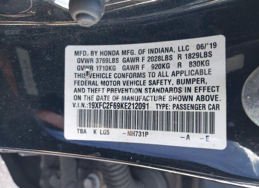 Photo 9 of 2019 Honda Civic LX (VIN 19XFC2F69KE212091)