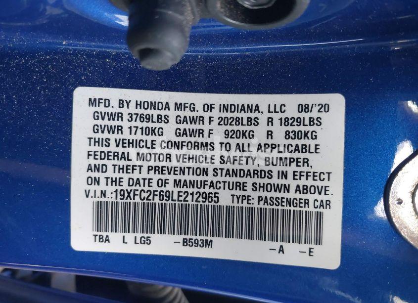 Photo 9 of 2020 Honda Civic LX (VIN 19XFC2F69LE212965)