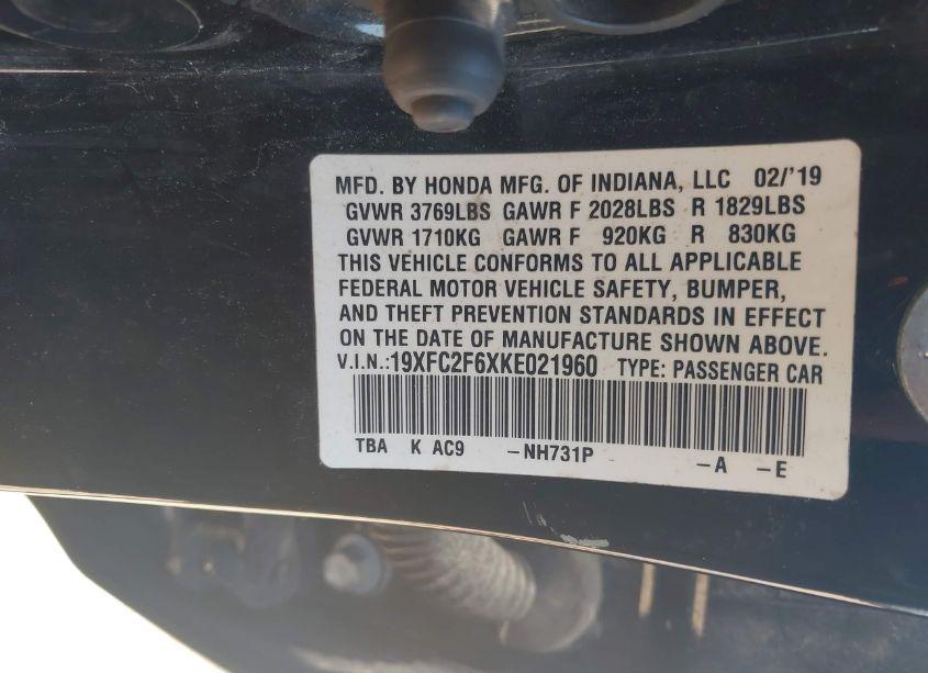 Photo 9 of 2019 Honda Civic LX (VIN 19XFC2F6XKE021960)