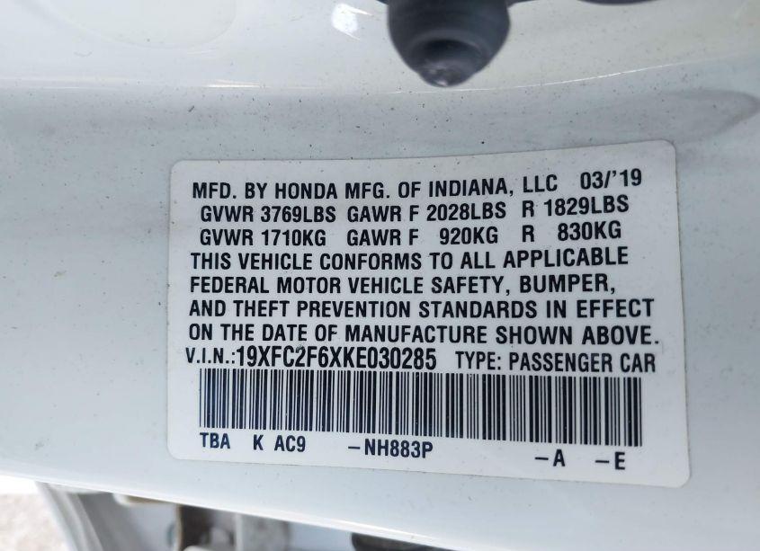 Photo 9 of 2019 Honda Civic LX (VIN 19XFC2F6XKE030285)