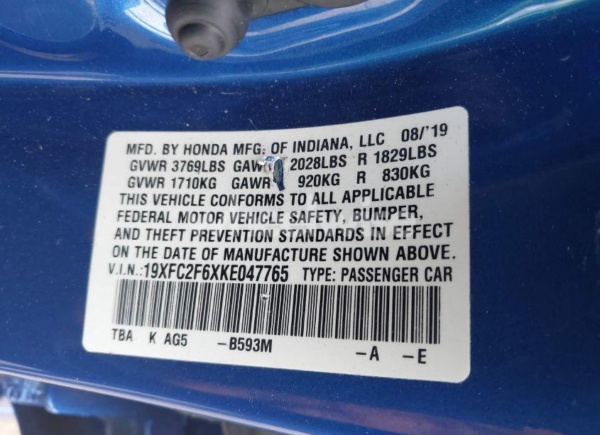 Photo 9 of 2019 Honda Civic LX (VIN 19XFC2F6XKE047765)