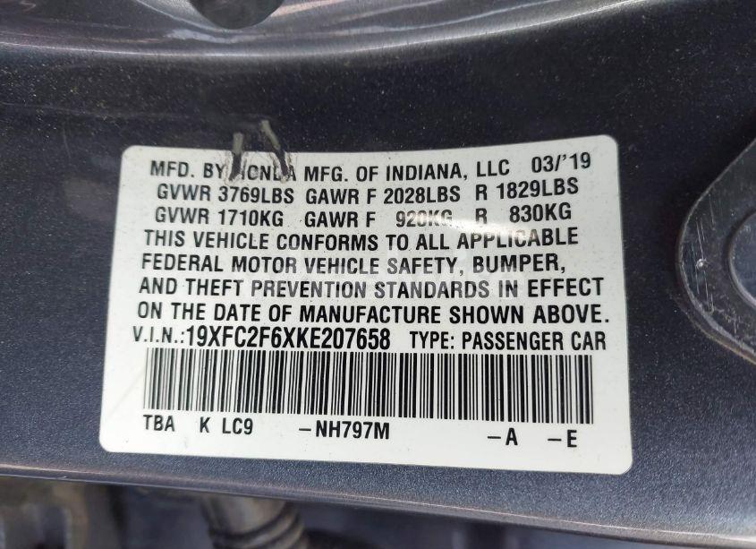 Photo 9 of 2019 Honda Civic LX (VIN 19XFC2F6XKE207658)