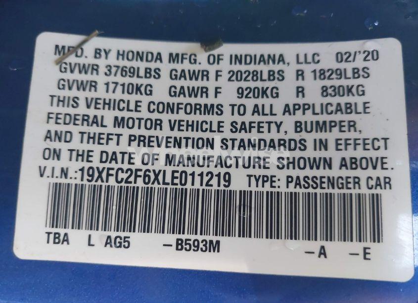 Photo 9 of 2020 Honda Civic LX (VIN 19XFC2F6XLE011219)