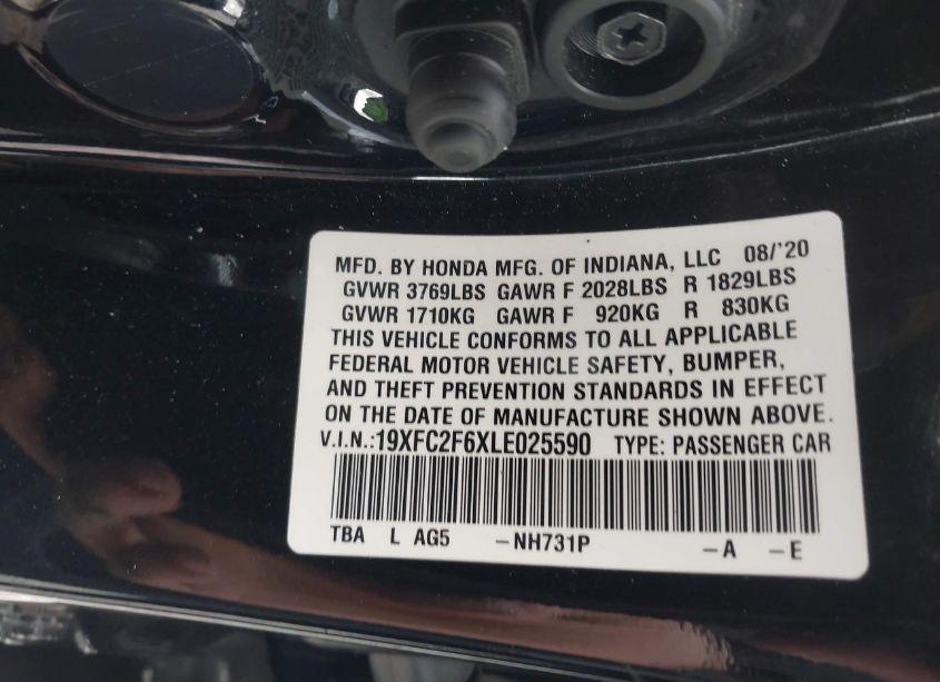 Photo 9 of 2020 Honda Civic LX (VIN 19XFC2F6XLE025590)