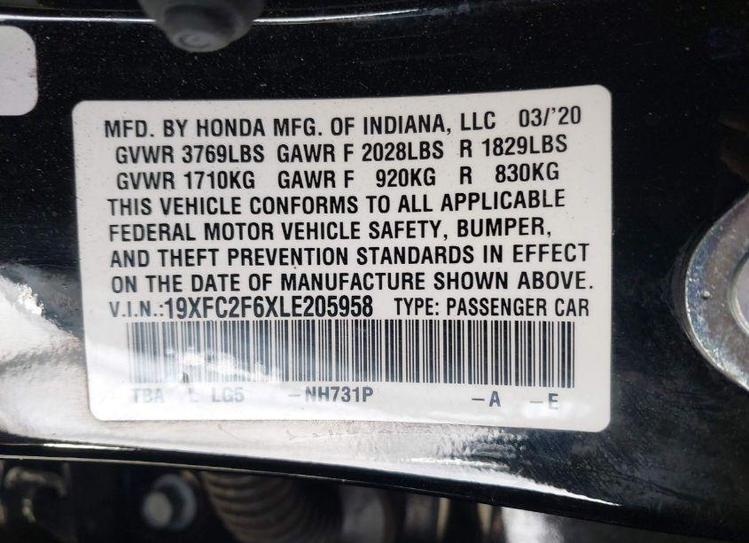 Photo 9 of 2020 Honda Civic LX (VIN 19XFC2F6XLE205958)