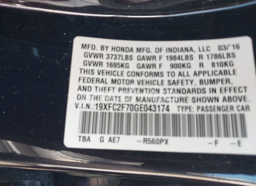 Photo 9 of 2016 Honda Civic EX (VIN 19XFC2F70GE043174)