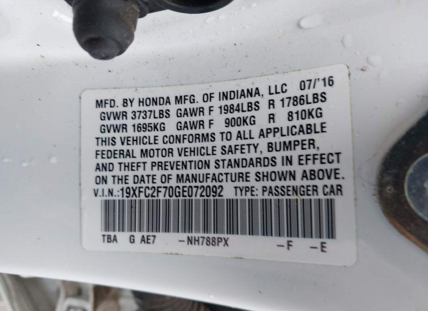 Photo 9 of 2016 Honda Civic EX (VIN 19XFC2F70GE072092)