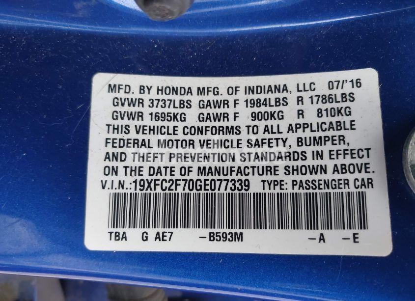 Photo 9 of 2016 Honda Civic EX (VIN 19XFC2F70GE077339)