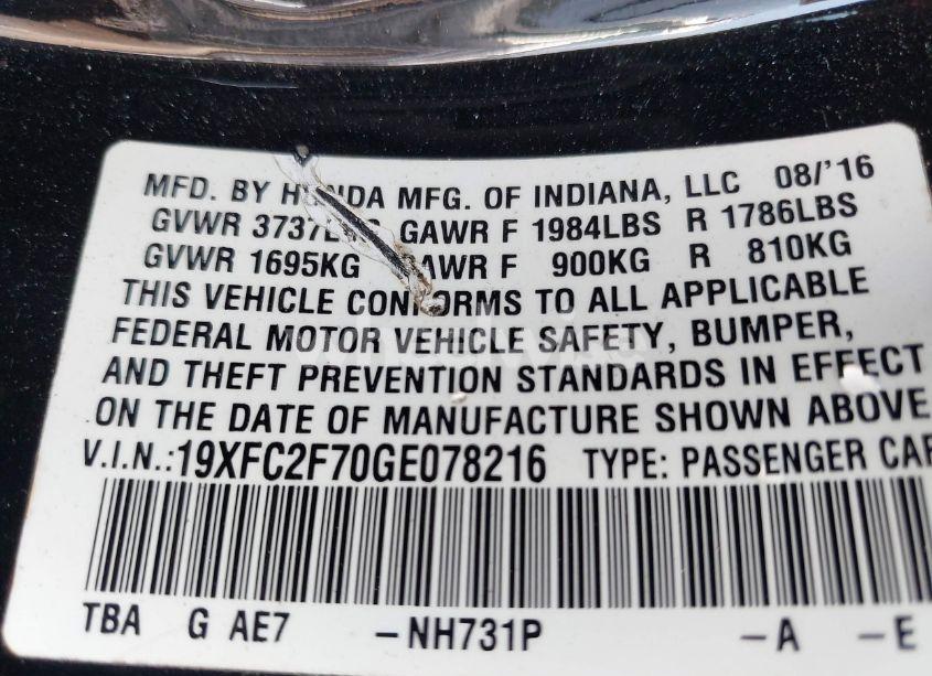 Photo 9 of 2016 Honda Civic EX (VIN 19XFC2F70GE078216)