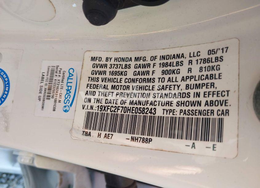 Photo 9 of 2017 Honda Civic EX (VIN 19XFC2F70HE058243)