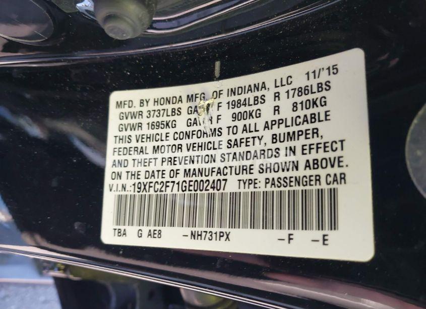 Photo 9 of 2016 Honda Civic EX (VIN 19XFC2F71GE002407)