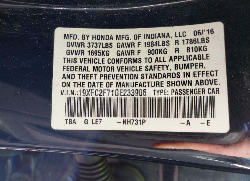 Photo 9 of 2016 Honda Civic EX (VIN 19XFC2F71GE233906)