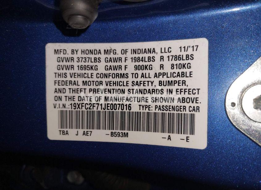 Photo 9 of 2018 Honda Civic EX (VIN 19XFC2F71JE007016)