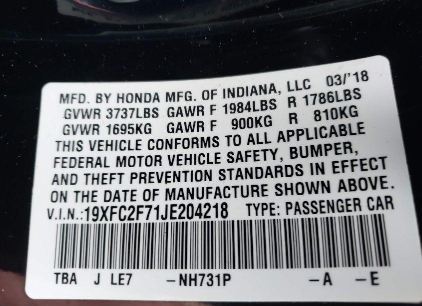 Photo 9 of 2018 Honda Civic EX (VIN 19XFC2F71JE204218)