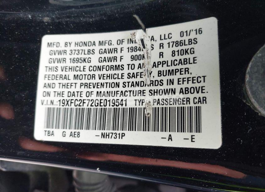 Photo 9 of 2016 Honda Civic EX (VIN 19XFC2F72GE019541)