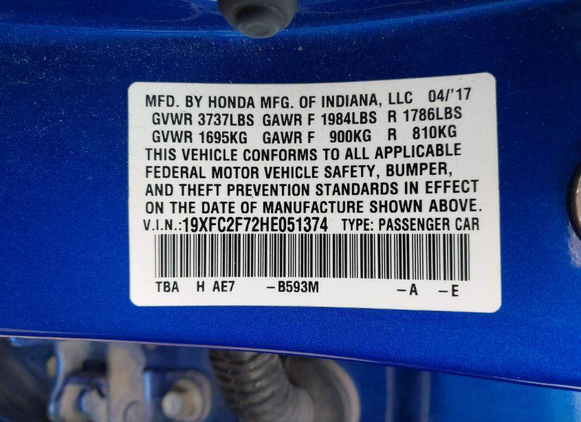 Photo 9 of 2017 Honda Civic EX (VIN 19XFC2F72HE051374)