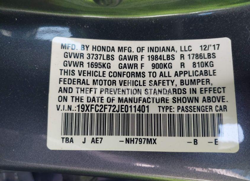 Photo 9 of 2018 Honda Civic EX (VIN 19XFC2F72JE011401)