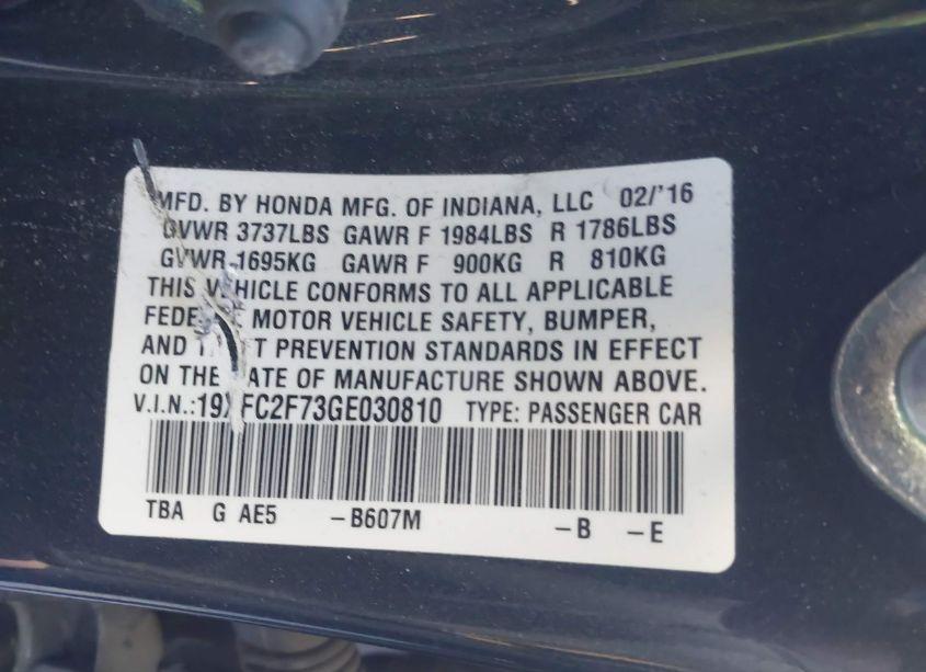 Photo 9 of 2016 Honda Civic EX (VIN 19XFC2F73GE030810)
