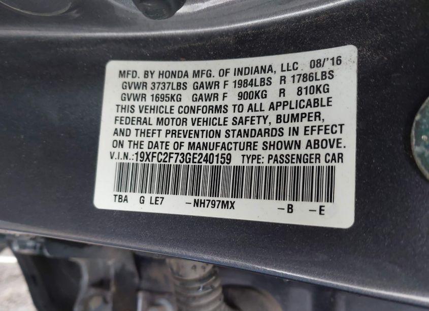 Photo 9 of 2016 Honda Civic EX (VIN 19XFC2F73GE240159)