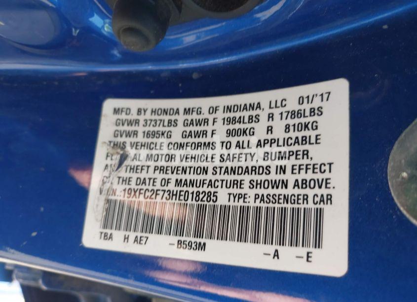 Photo 9 of 2017 Honda Civic EX (VIN 19XFC2F73HE018285)