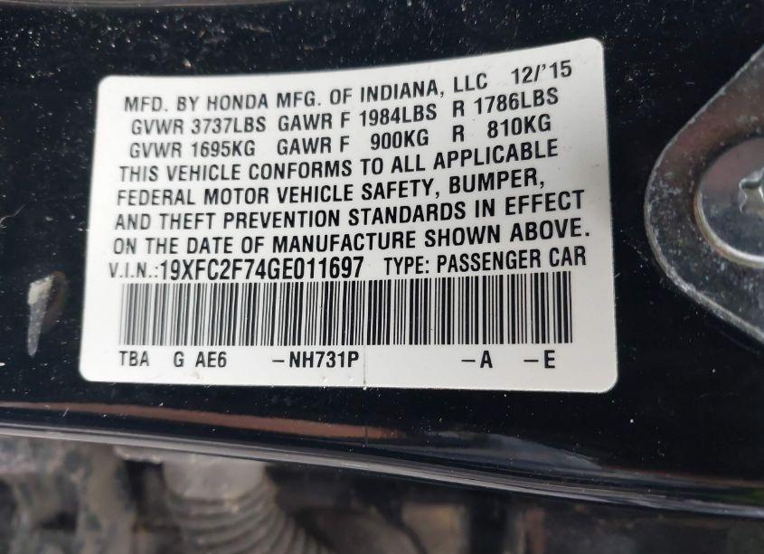 Photo 9 of 2016 Honda Civic EX (VIN 19XFC2F74GE011697)