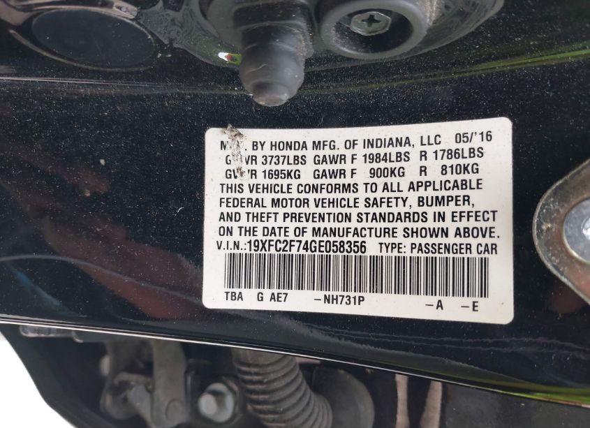 Photo 9 of 2016 Honda Civic EX (VIN 19XFC2F74GE058356)