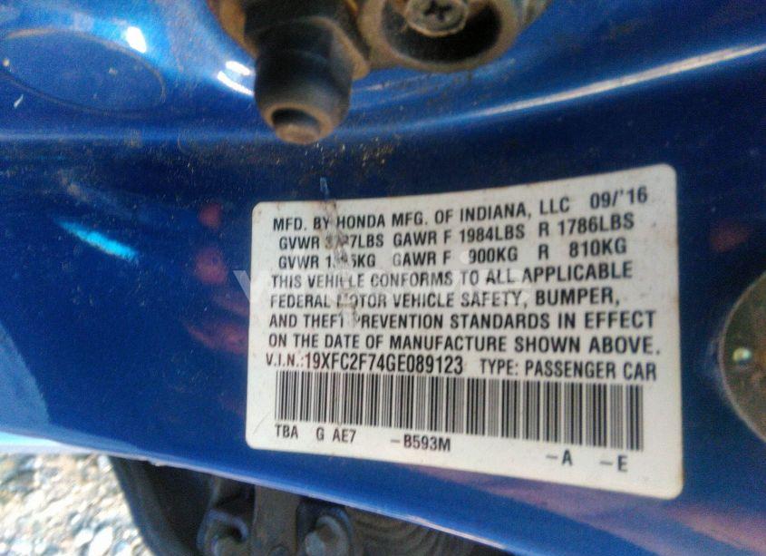 Photo 9 of 2016 Honda Civic EX (VIN 19XFC2F74GE089123)