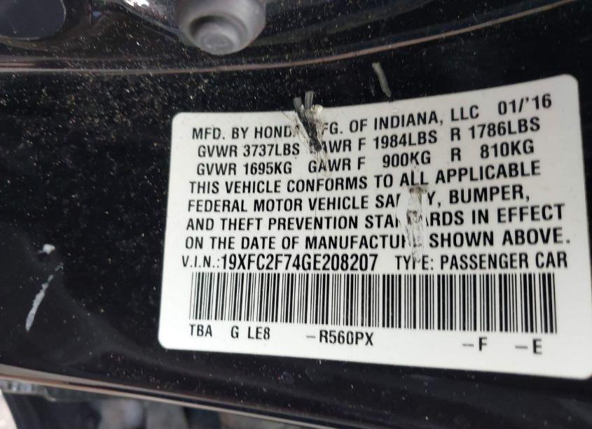 Photo 9 of 2016 Honda Civic EX (VIN 19XFC2F74GE208207)