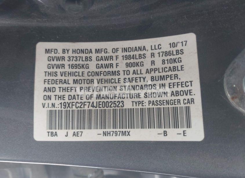 Photo 9 of 2018 Honda Civic EX (VIN 19XFC2F74JE002523)