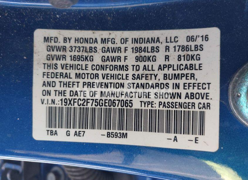 Photo 9 of 2016 Honda Civic EX (VIN 19XFC2F75GE067065)