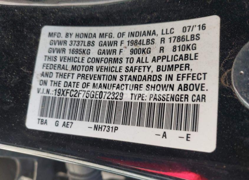 Photo 9 of 2016 Honda Civic EX (VIN 19XFC2F75GE072329)