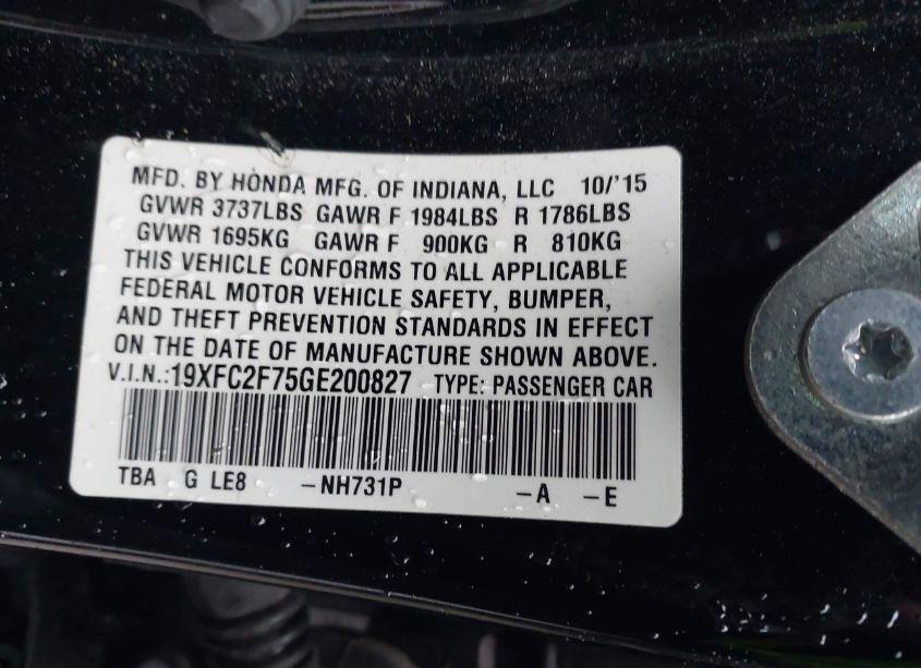 Photo 9 of 2016 Honda Civic EX (VIN 19XFC2F75GE200827)