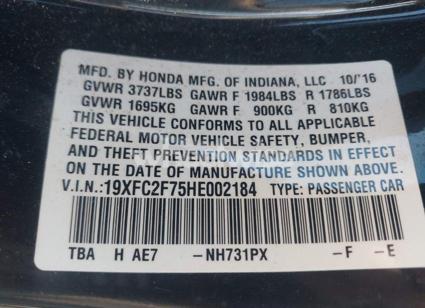 Photo 9 of 2017 Honda Civic EX (VIN 19XFC2F75HE002184)