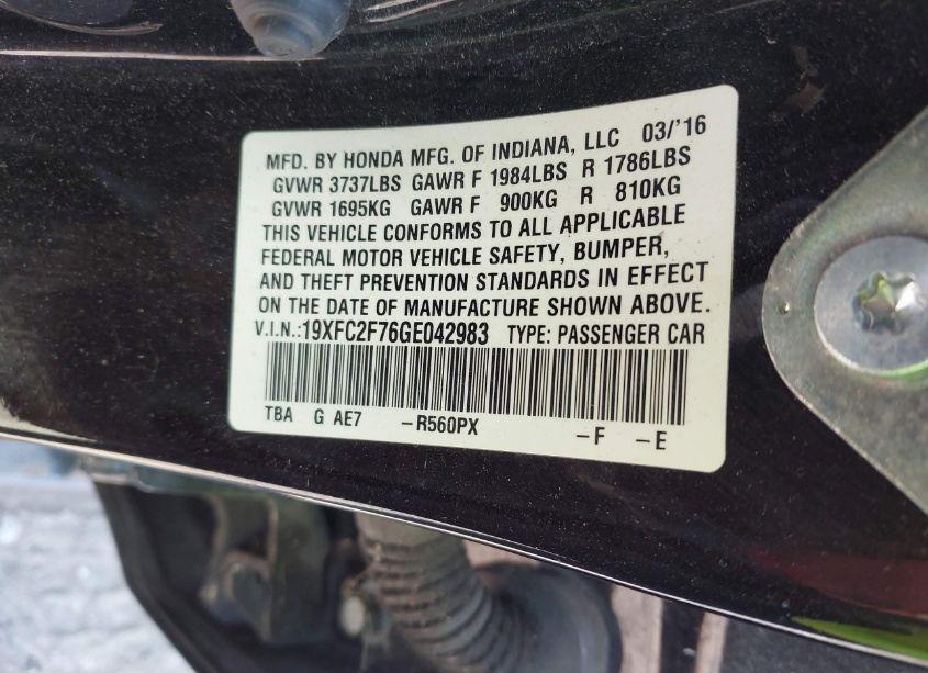 Photo 9 of 2016 Honda Civic EX (VIN 19XFC2F76GE042983)